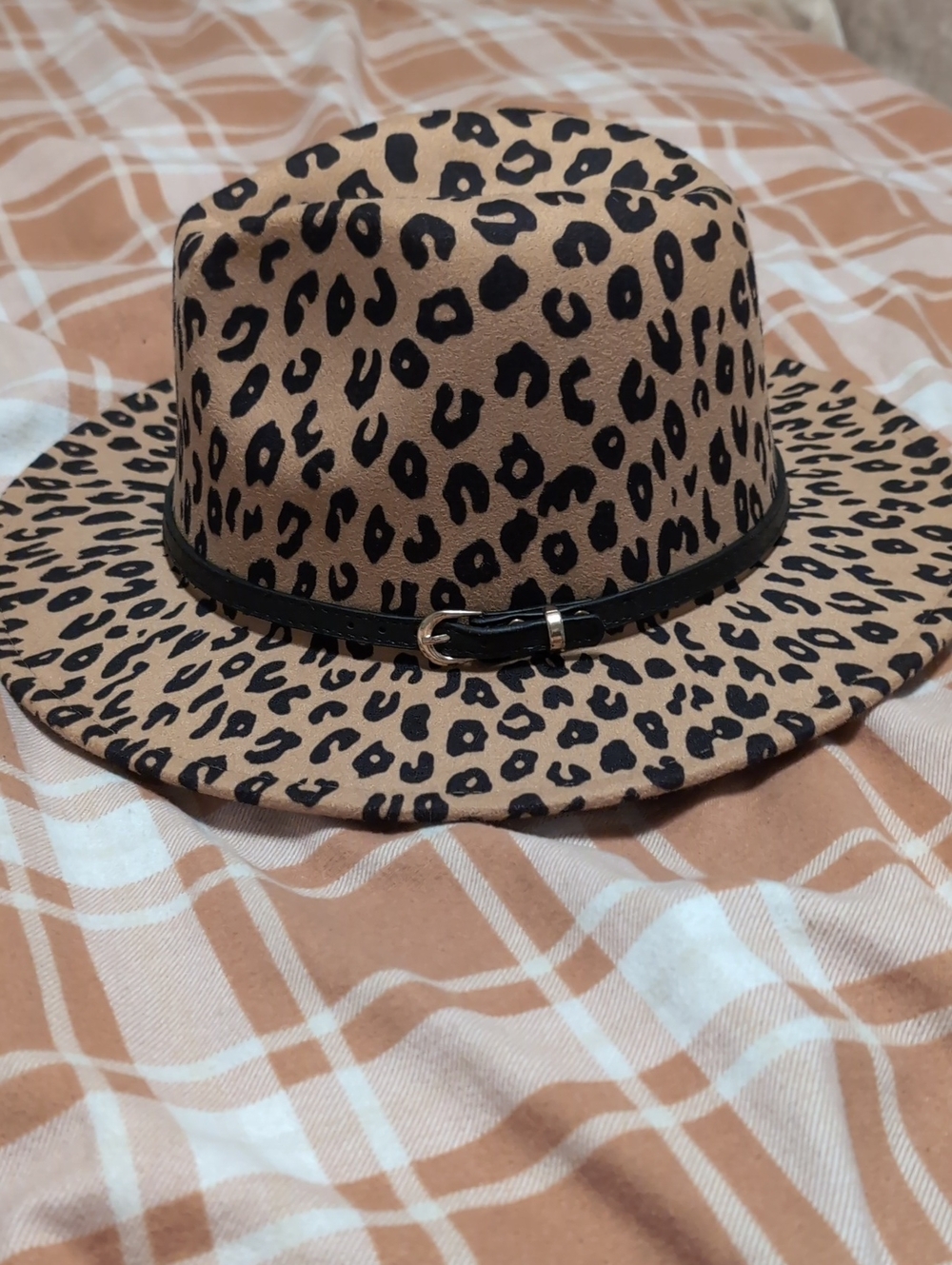Leopard Print Wide Brim Fedora Hat - Tan and Black